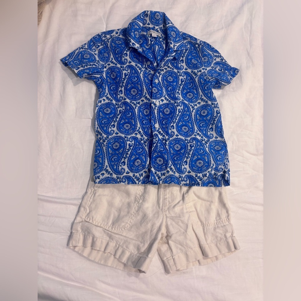 Crewcuts Boys Outfit - Blue Paisley Button-Up Top and Linen Shorts - Picture 3 of 14